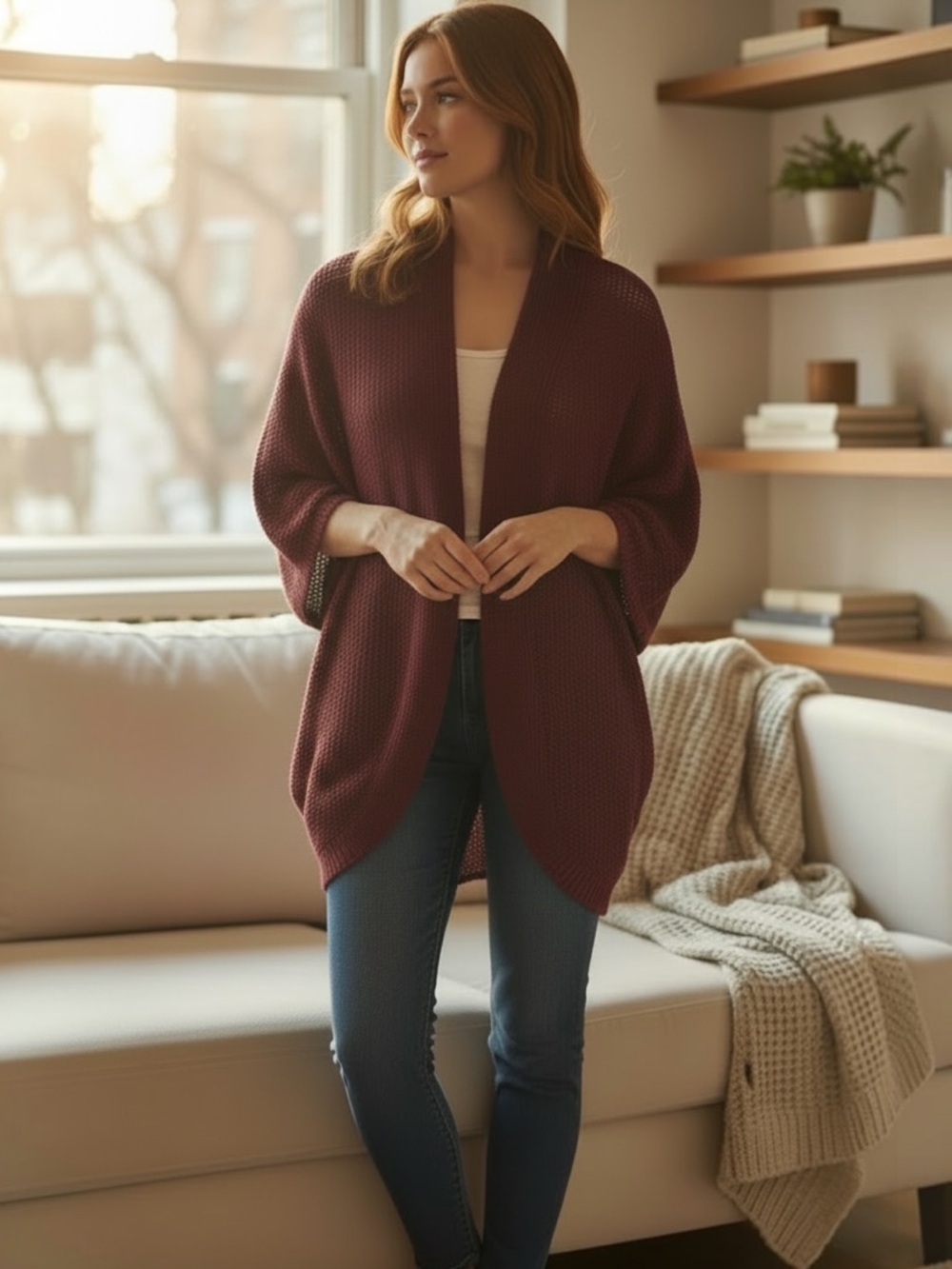 Prana Lima mesh knit burgundy organic cotton bohemian cocoon cardigan size small